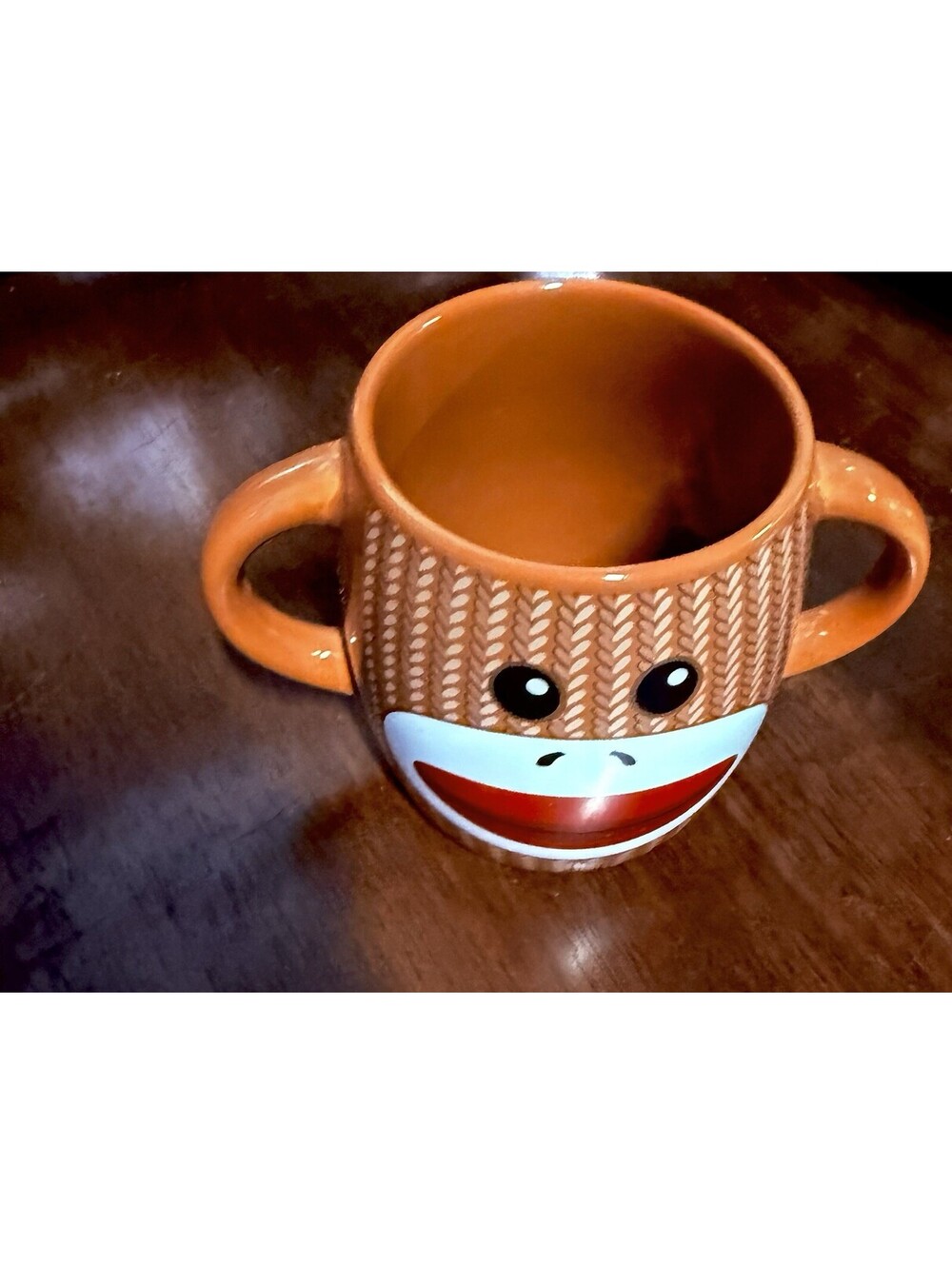 Sock Monkey Coffee Mug Double Handle Ceramic Tea Cup Galerie Brown Striped 14 oz